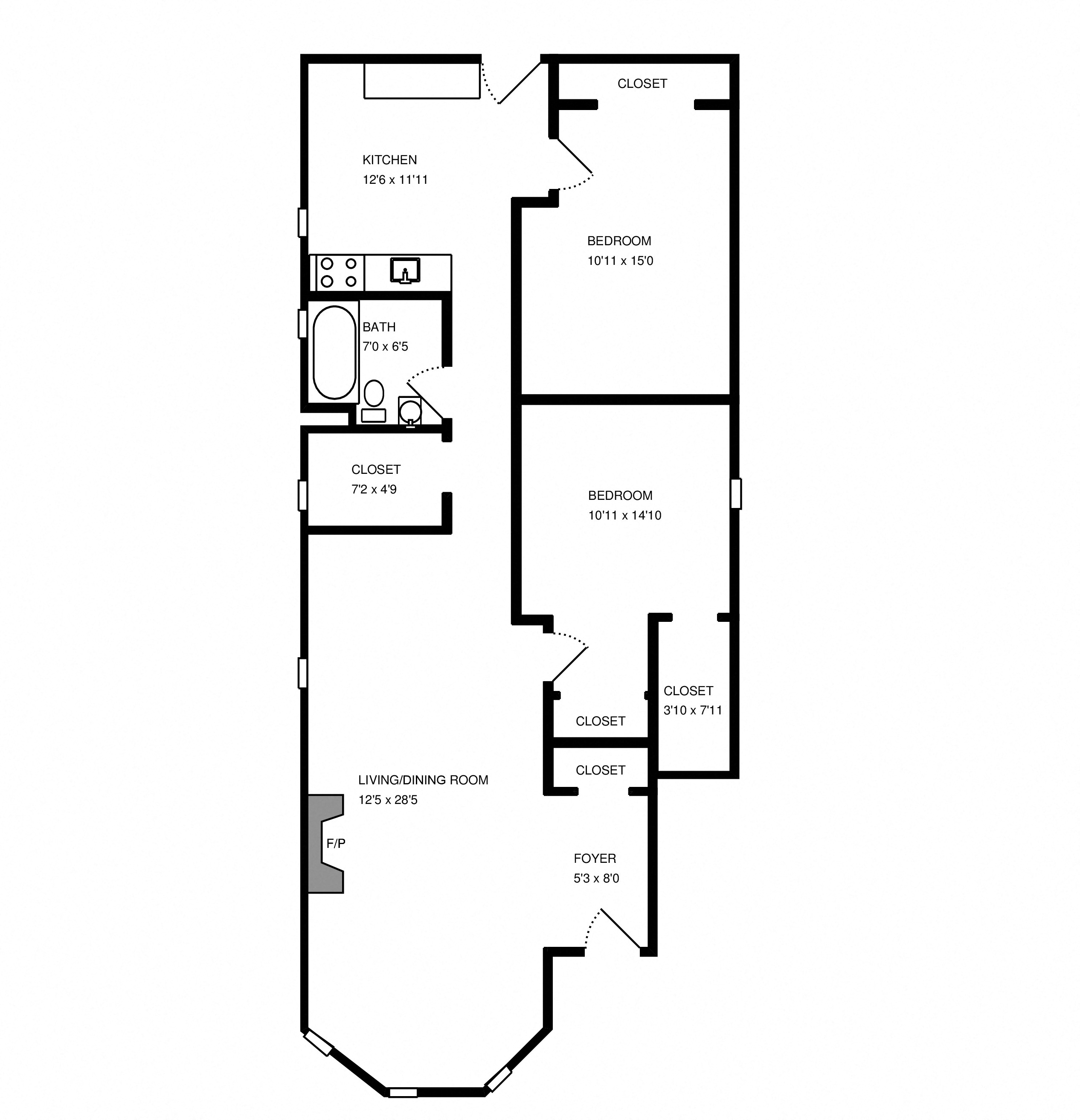 Floor plan for 2 beds, 1 bath, 1000 sqft